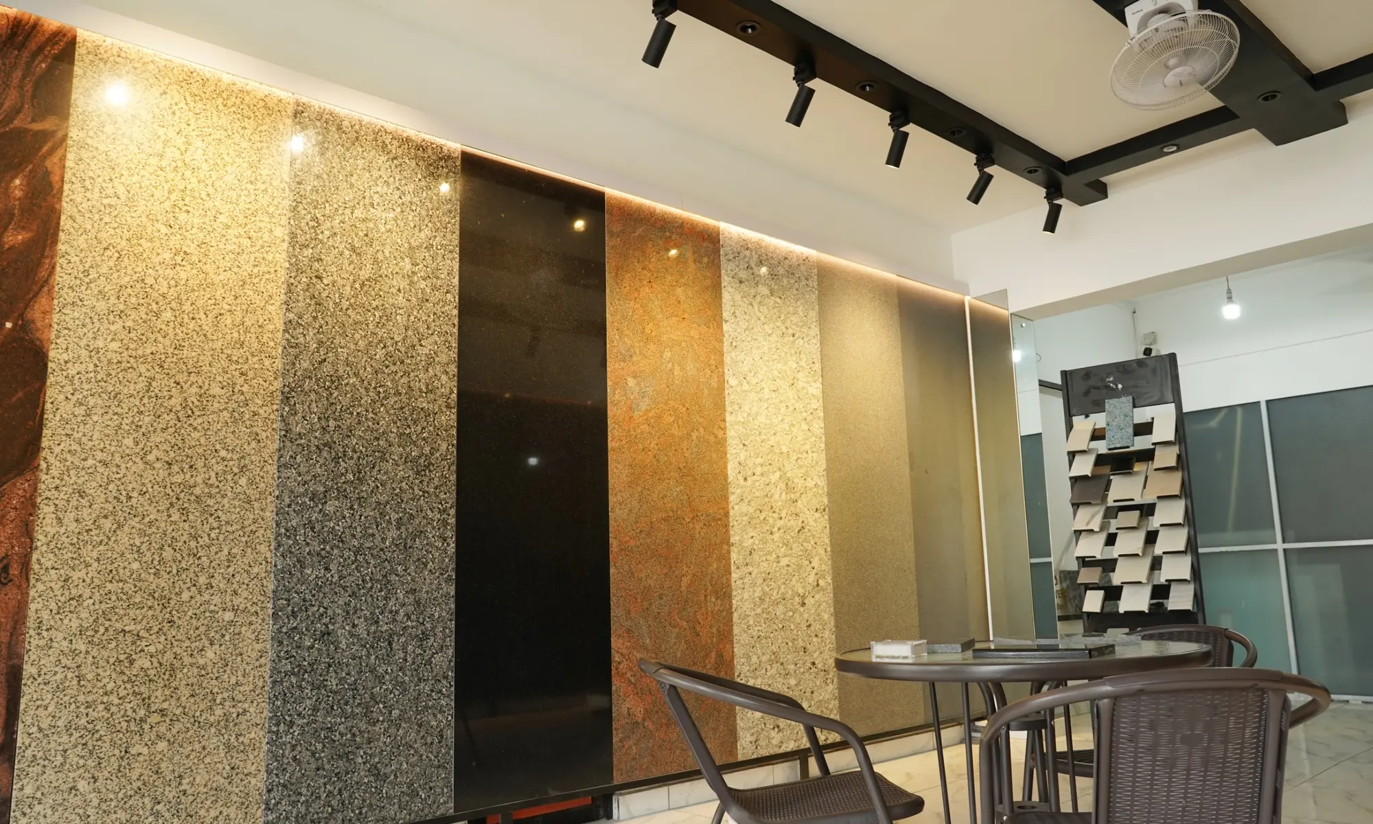 Stone slabs on display at The Stone Gallery showroom